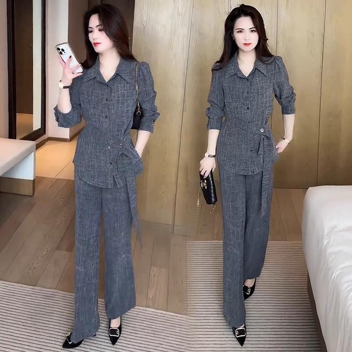 时尚套装女2025春季新款洋气修身显瘦收腰系带衬衫阔腿裤两件套潮