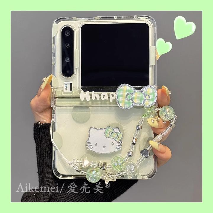 适用华为PuraX折叠屏p50Pocket2手机壳绿色波点闪钻kitty猫保护套