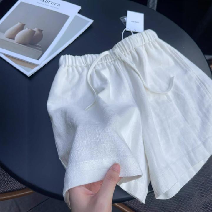 白色短裤女夏薄款宽松显瘦亚麻抽绳休闲运动裤小个子棉麻阔腿短裤