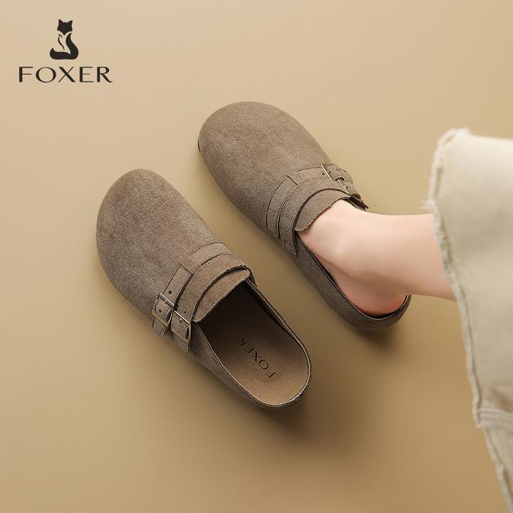 FOXER复古半拖勃肯鞋女款夏季外穿百搭一脚蹬包头懒人鞋增高拖鞋