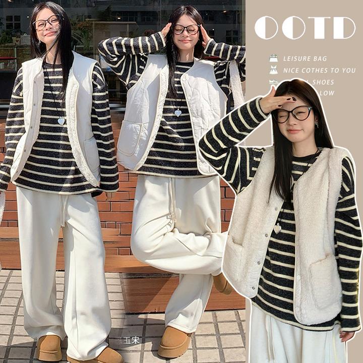 孕妇套装秋冬韩版羊羔毛两面穿马甲条纹200300秋冬大码孕妇套装