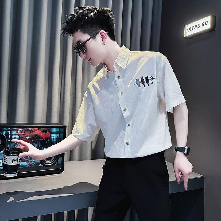 高级感刺绣衬衫男短袖夏季薄款上衣2025新款男装英伦痞帅休闲衬衣