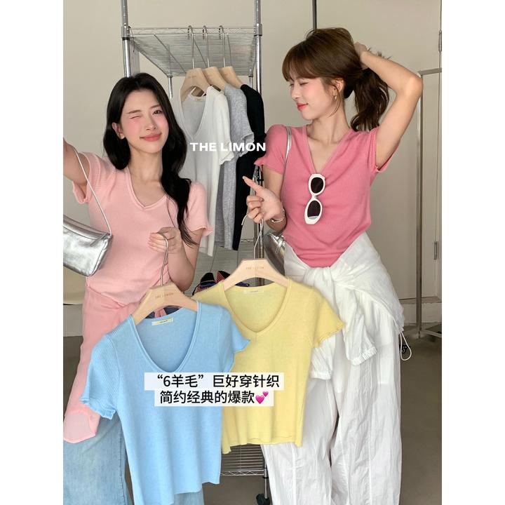 气质软糯修身基础百搭V领针织衫（含6%羊毛）