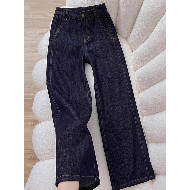 设计感宽松直筒牛仔裤女秋冬新款加绒复古深蓝色高腰梨型身材裤子