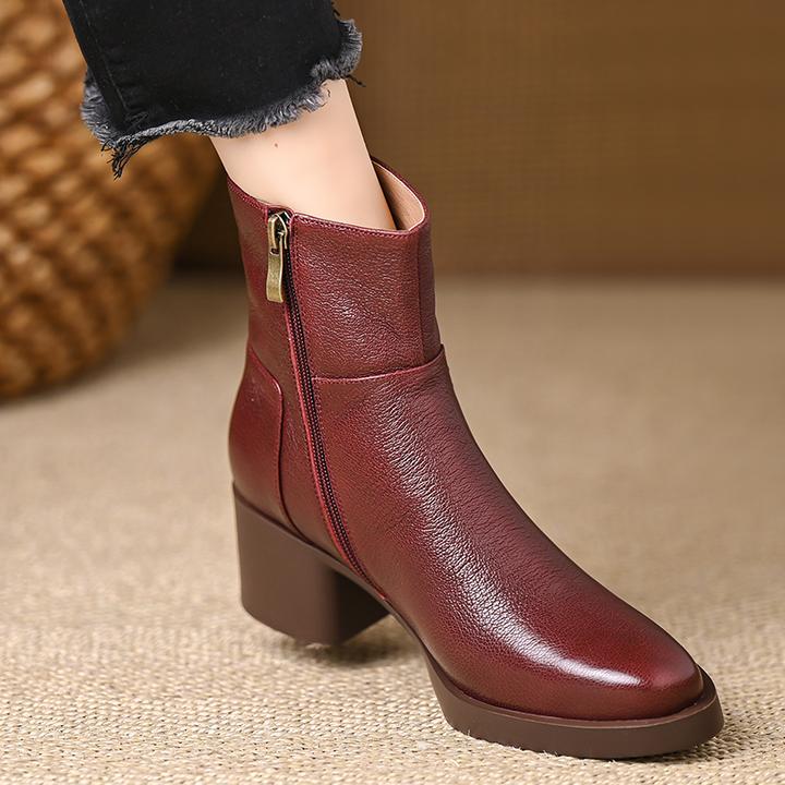 轩玥情女鞋5cm软羊皮复古圆头粗跟短靴女秋季单靴中跟短筒马丁靴