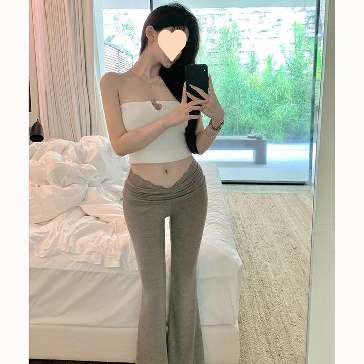 2025新款高腰显瘦修身蕾丝拼接微喇休闲裤秋季韩版微喇叭垂感长裤