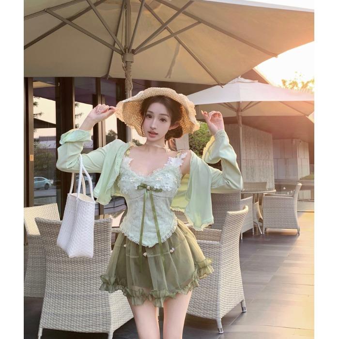 法式千金感套装花朵拼接吊带背心长袖开衫女夏季高腰半身裙三件套