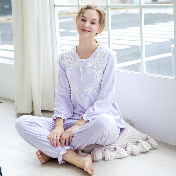 秋冬季睡衣女甜美蕾丝公主法兰绒法式超柔海岛绒宫廷风家居服套装