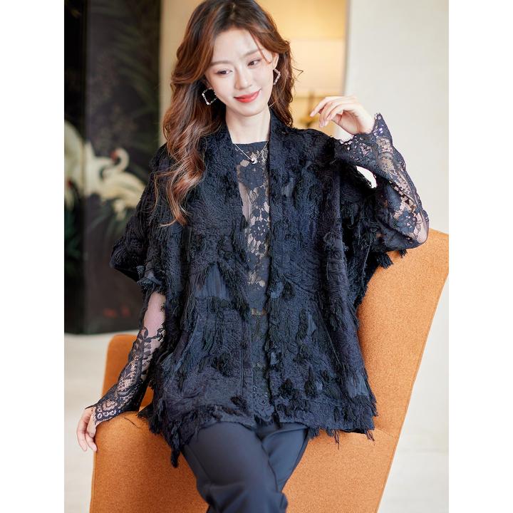 DUCURNO黑丝蕾丝流苏外套女秋季2025新款法式气质镂空蝙蝠袖上衣