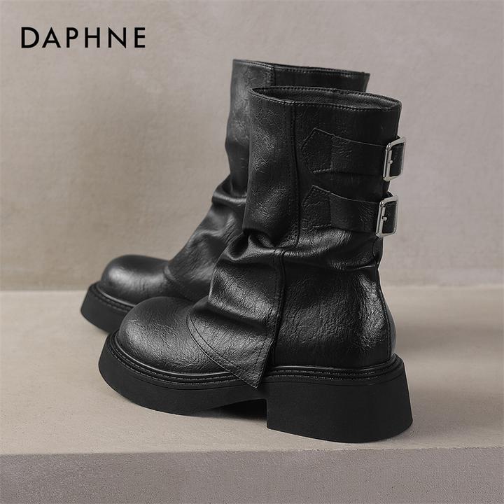 达芙妮英伦风圆头方跟马丁靴女冬季舒适外穿显瘦纯色百搭显个子