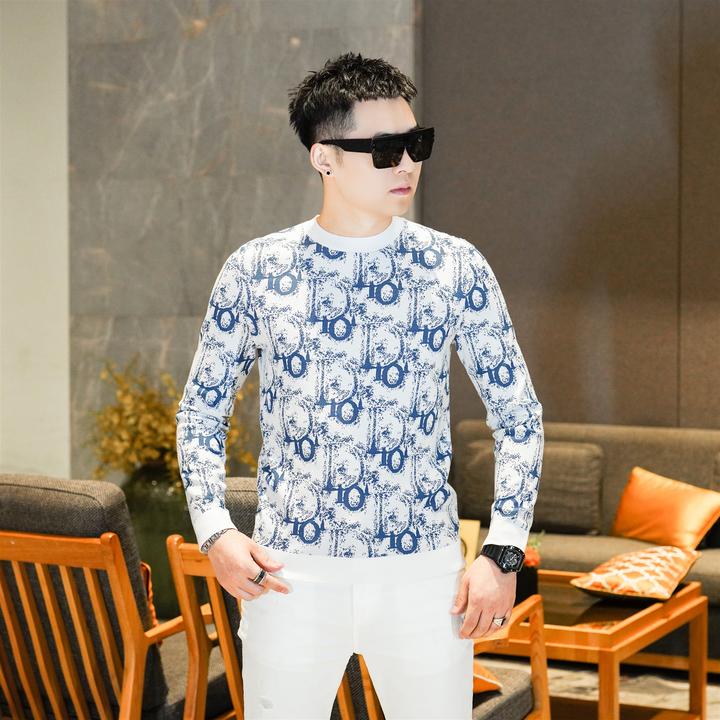 轻奢痞帅针织衫毛衣男款秋冬新款蓝白字母花色圆领长袖打底衫男款