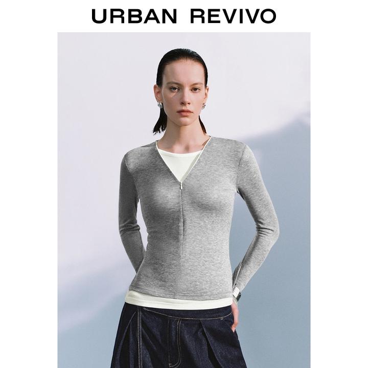 UR2025秋季新款女装休闲假两件撞色拉链修身T恤UWM450125+