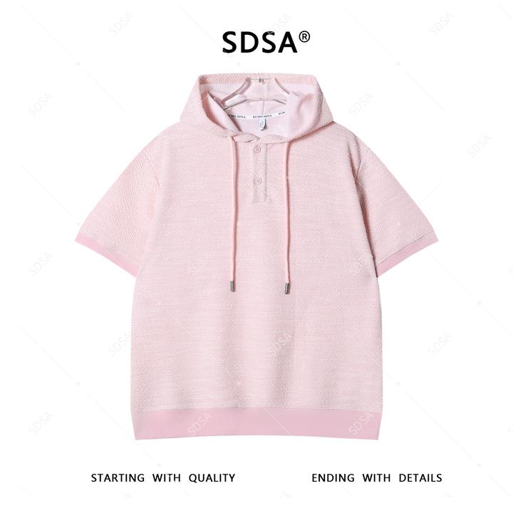 SDSA夏季新款男士痞帅撞色半纽扣连帽短袖T恤简约百搭休闲上衣