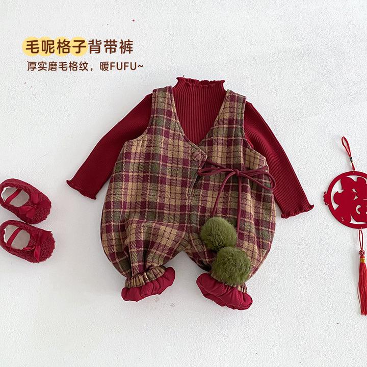 儿童格子连体裤2025新款冬季女童夹棉加厚背带裤宝宝设计感裤子潮