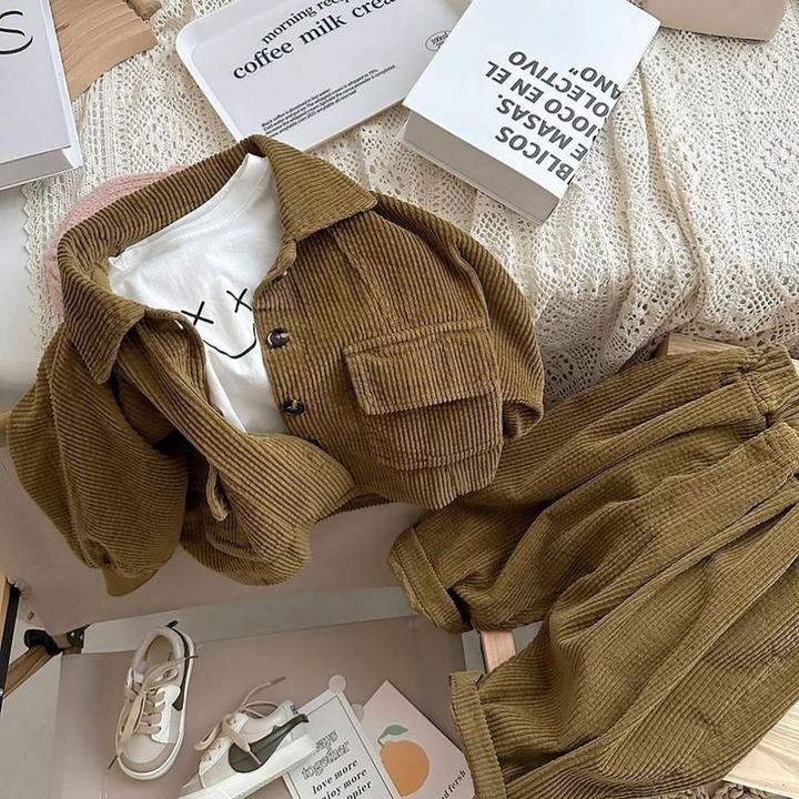 秋款春秋套装韩版秋季男宝宝春装时尚儿童痞帅条绒开衫休闲两件套