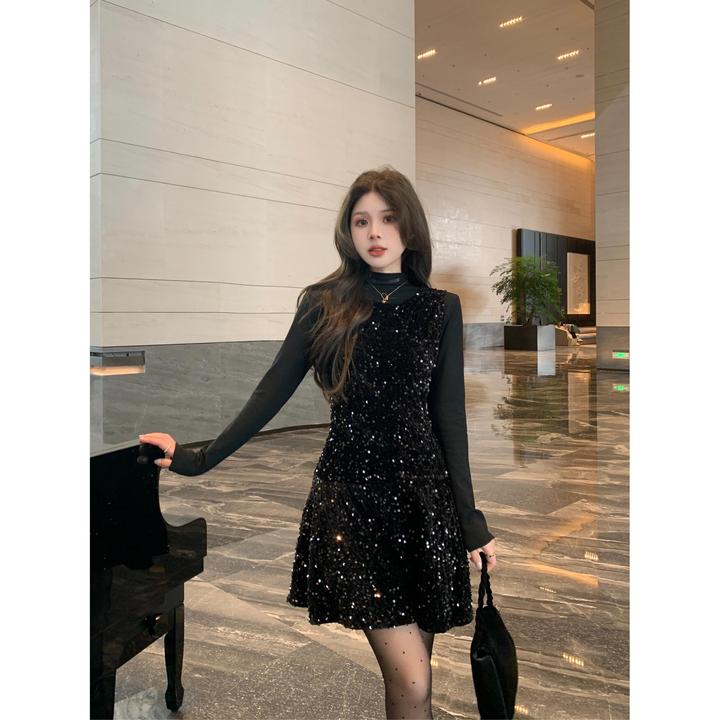 大码胖时尚高级感亮片背心连衣裙黑色打底上衣秋冬套装女