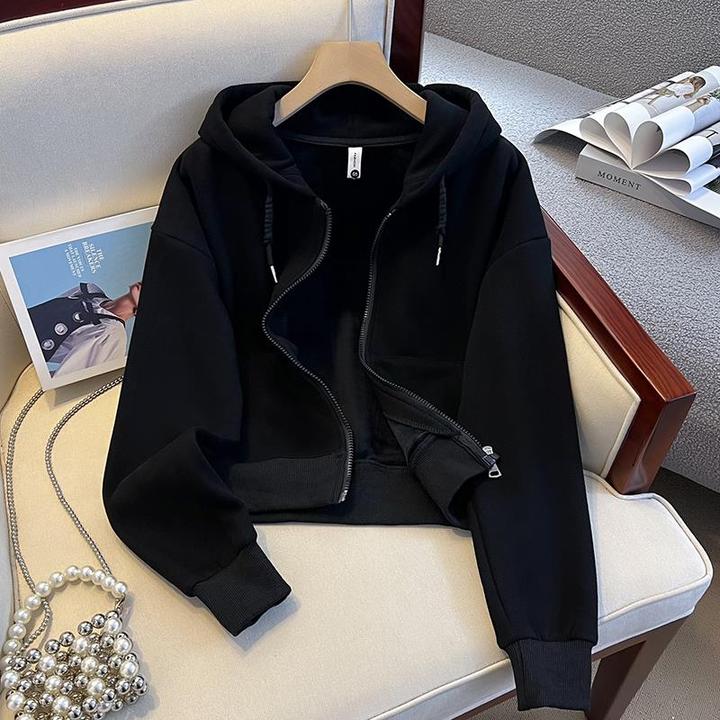 美式黑色卫衣女小个子春秋短款长袖薄款连帽拉链开衫运动上衣外套