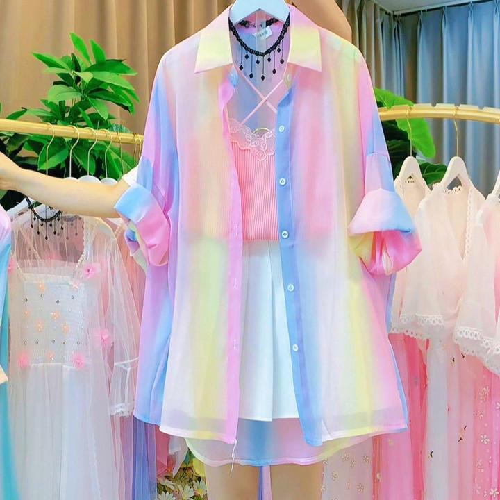 法式时尚彩虹冰丝薄款防晒衣女生夏款显瘦雪纺POLO领纽扣衬衣外套