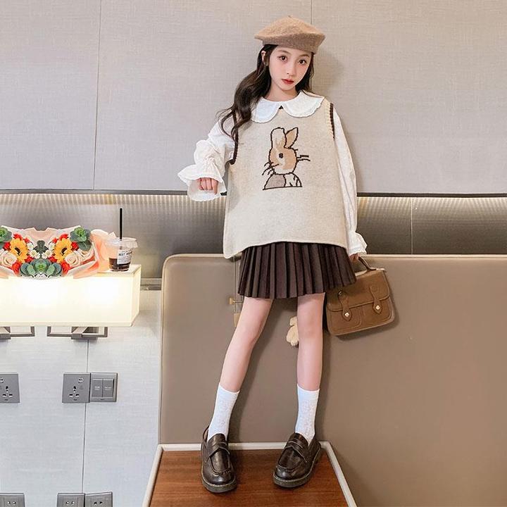 女童春装2023新款jk连衣裙套装洋气儿童毛线马甲衬衫百褶裙三件套