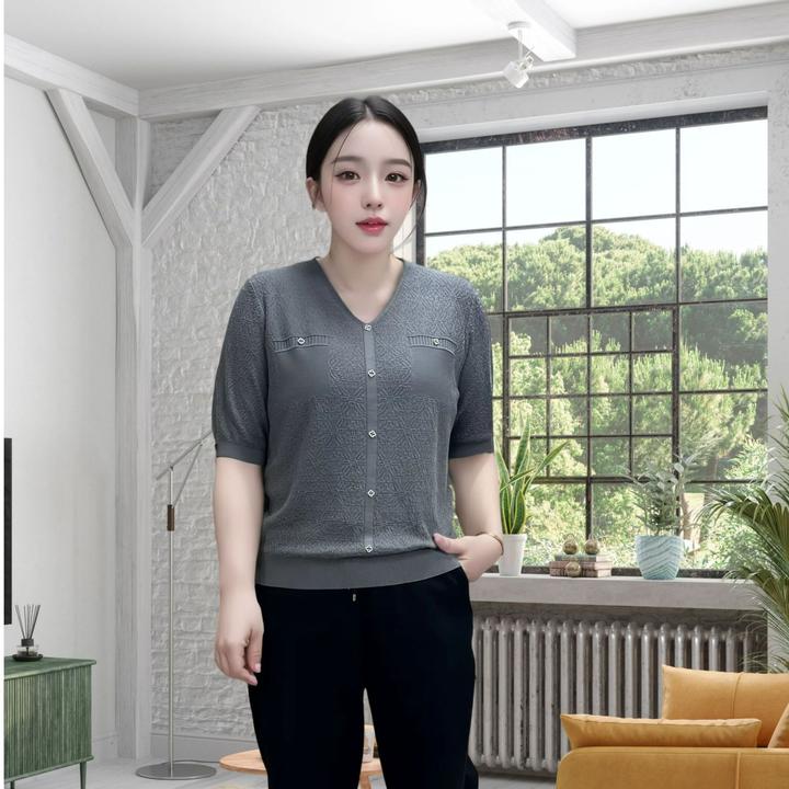 韩衣奇迹莱赛尔女士夏气质V领针织衫短袖时尚百搭宽松薄款上衣