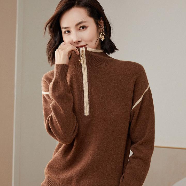 2023秋冬新款拼色拉链纯羊毛衫女半高领翻领长袖针织衫女套头毛衣