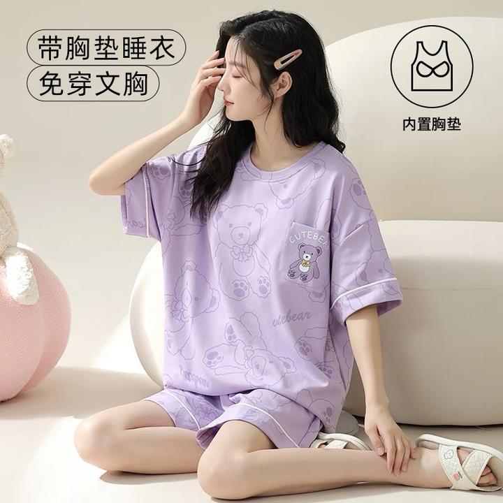 2025带胸垫睡衣女款套装宽松短袖短裤夏季女睡衣女款爆款2025新款