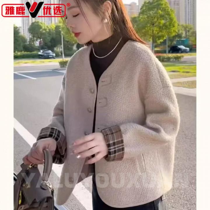 雅鹿加厚仿羊羔毛外套女短款2025秋冬新款休闲百搭小香风上衣