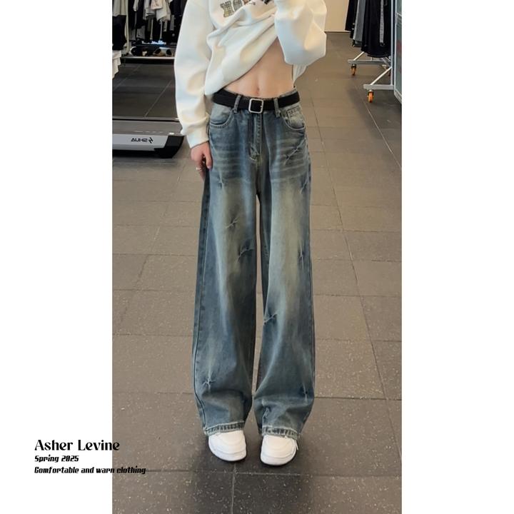 秋季美式高街裂纹水洗脏旧牛仔裤男vibe潮牌高级感宽松直筒阔腿裤