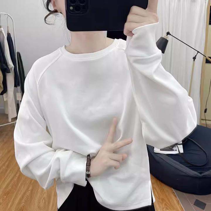 早秋新款棉质短款插肩袖圆领卫衣女韩版宽松百搭纯色长袖T恤上衣