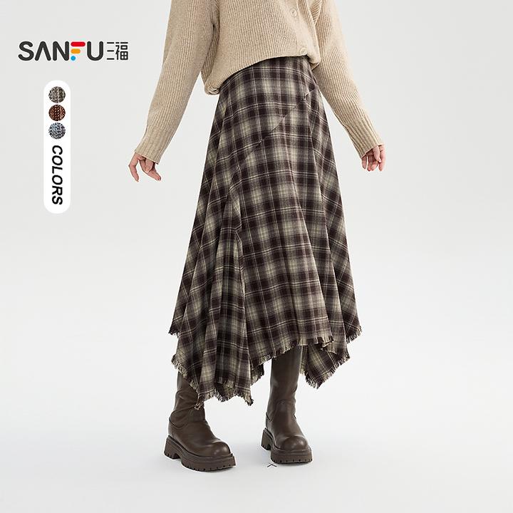 三福长裙2025冬季流苏摆侧边拉链格子不规则半身裙女装509092