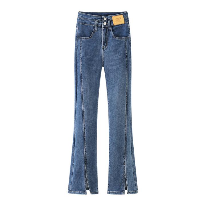 前开叉牛仔喇叭裤女夏高腰弹力修身显瘦百搭微喇直筒女士拖地长裤