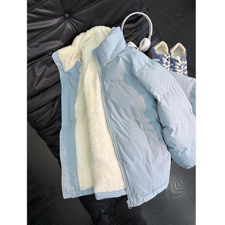 绝绝紫色立领短款棉服男款冬季羊羔绒外套防寒保暖加绒加厚面包服