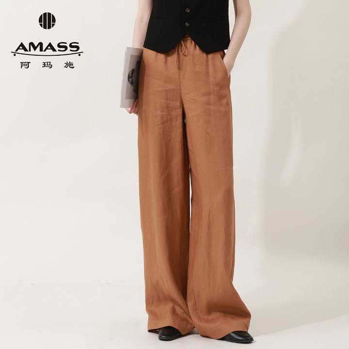 阿玛施AMASS女装2025夏季新款亚麻垂感直筒裤休闲阔腿裤5100552