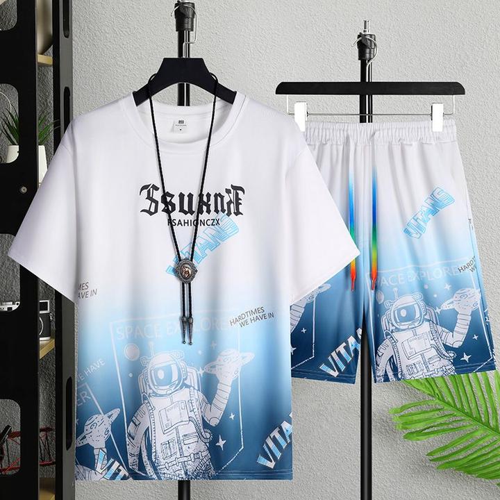 夏季青少年冰丝休闲套装潮牌男士帅气渐变色运动T恤短裤学生整套