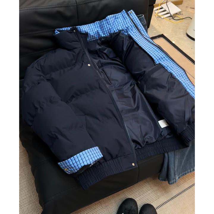 美式vintage格子拼接假两件立领棉服男女冬季加厚保暖面包服外套