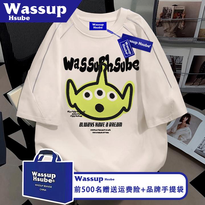 WASSUP HSUBE外星人印花短袖ins夏季男女款T恤100%棉反光夹条上衣