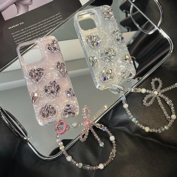 【水钻系列】轻奢名媛风贝壳纹水钻爱心手机壳适用苹果16promax/15