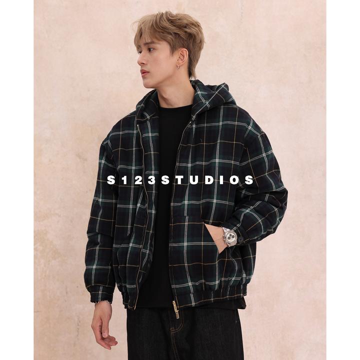 【线上婚礼】美式撞色格子棉服外套男女宽松百搭休闲开衫上衣潮