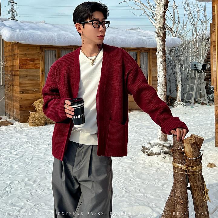 OXFREAK「人夫感 玫瑰红」老钱风道袍开衫毛衣男冬季高级感针织衫