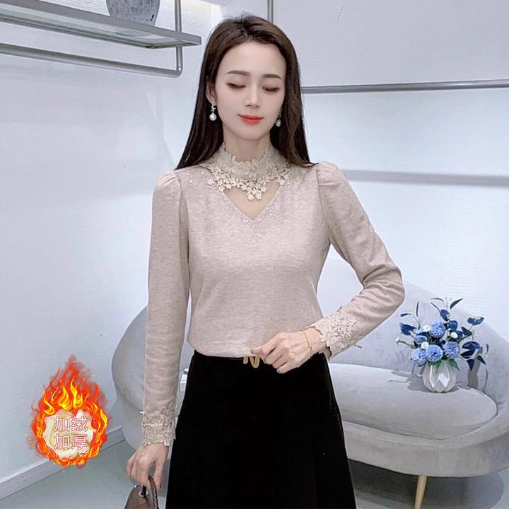 法式时尚半高领蕾丝花边拼接长袖T恤女加绒加厚显瘦洋气百搭上衣