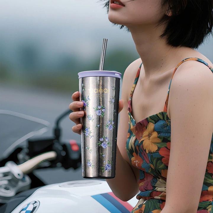 天沏（画廊系列）纯钛吸管杯带盖便携570ml大容量吸管杯保温杯水杯