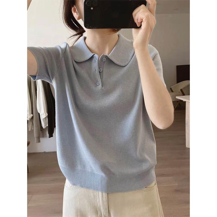 蓝色娃娃领针织衫T恤女式春夏季新款简约小众设计感减领短袖上衣
