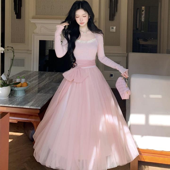 La Chapelle/拉夏贝尔秋冬款连衣裙网纱长袖温柔仙女少女显瘦拼接