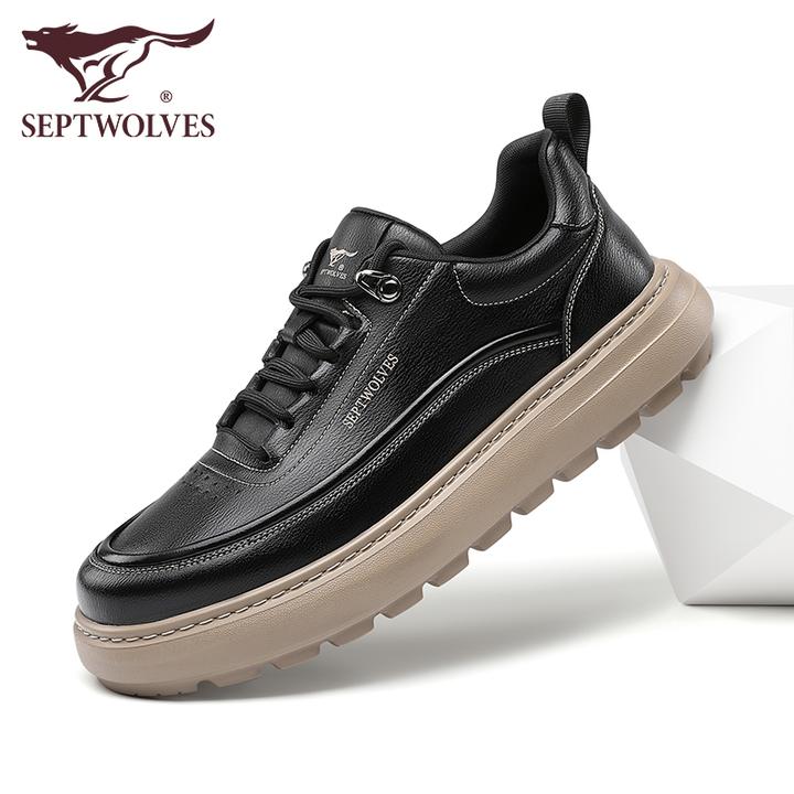 七匹狼牛皮男鞋2025新款透气软底百搭时尚休闲鞋黑色厚底增高男鞋