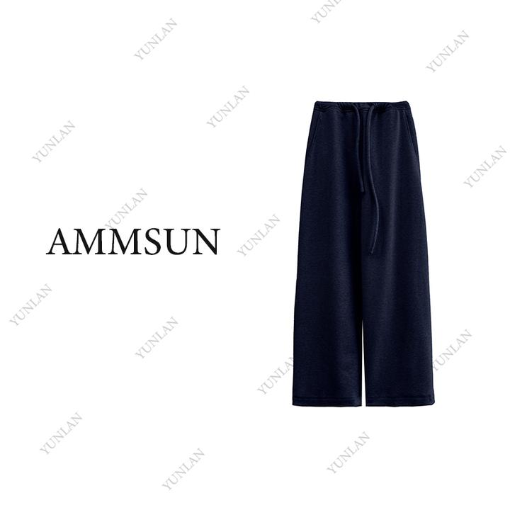 AMMSUN【抗起球+抗掉色】重磅加绒650克醋酸羊毛裤秋冬阔腿女士百搭
