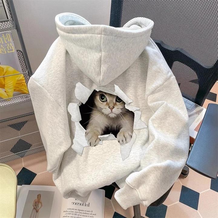 仓石一树潮牌趣味猫咪卫衣男士情侣秋冬2025新款加绒连帽潮流上衣