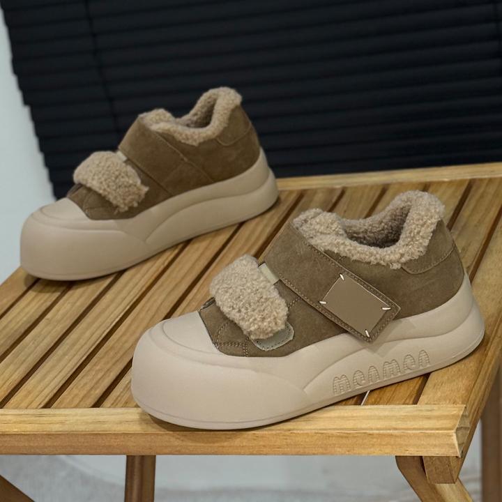 冬季加绒毛毛鞋女2025爆款丑萌大头魔术贴面包鞋磨砂皮厚底棉鞋子