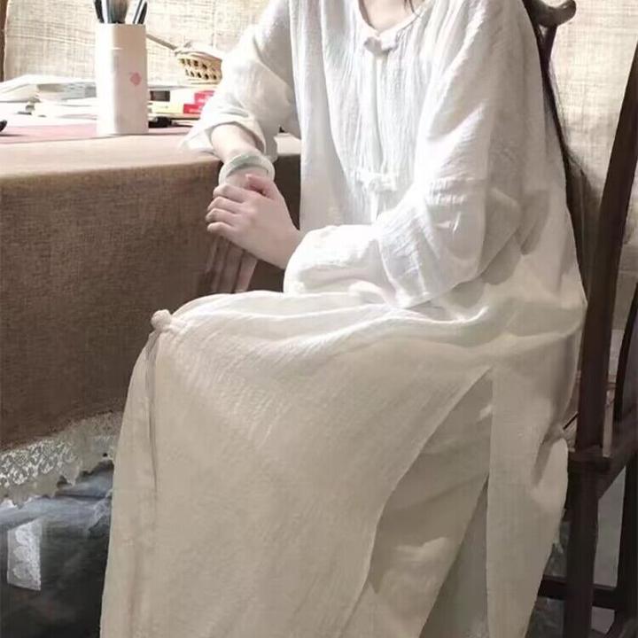 2026春季新中式棉麻茶服仙气白色长袖圆领开衫上衣阔腿裤三件套女