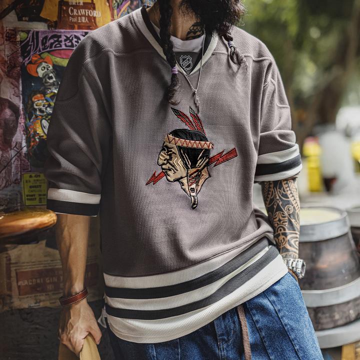 马登工装美式复古印第安v领华夫格长袖刺绣针织重磅卫衣外套男秋