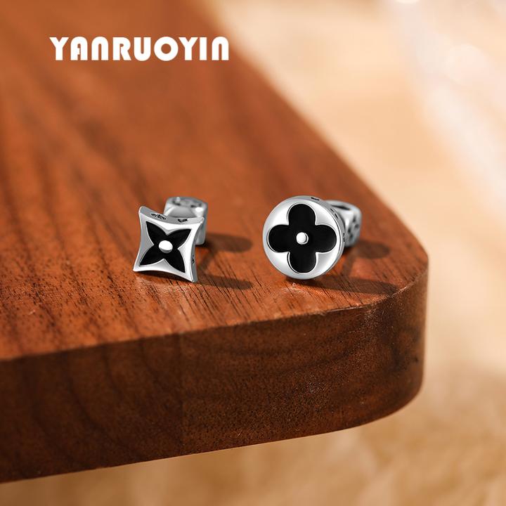 言若银 925银耳饰 纯银耳钉女复古经典四叶草不规则简约百搭ed389